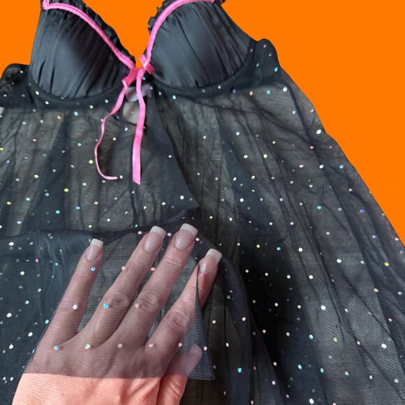 00's vintage glittery mesh satin mcbling y2k babydoll lingerie tank top SMALL - Picture 4 of 6